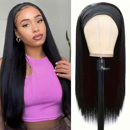 Headband Wig Human Hair 28 Inch Straight Headband Wigs for Black Women Machine Made Human Hair Wigs Glueless None Lace Front Wig Brazilian Virgin Human Hair 150% Density Natural Black Color