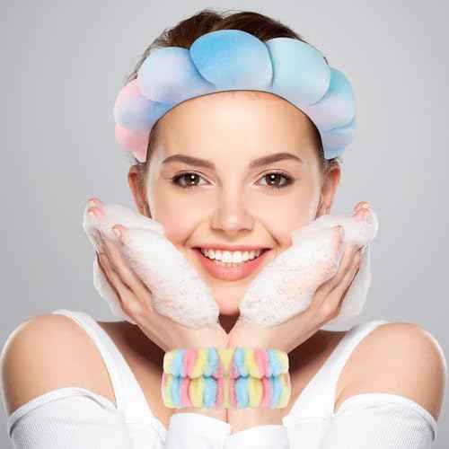 Zkptops Spa Headband for Washing Face Wristband Set Sponge Makeup Skincare Velvet Fabric Bubble Soft Get Ready Hairbands for Women Puffy Headwear Non Slip Thick Thin Hair Accessory (Pink Tie Dye)