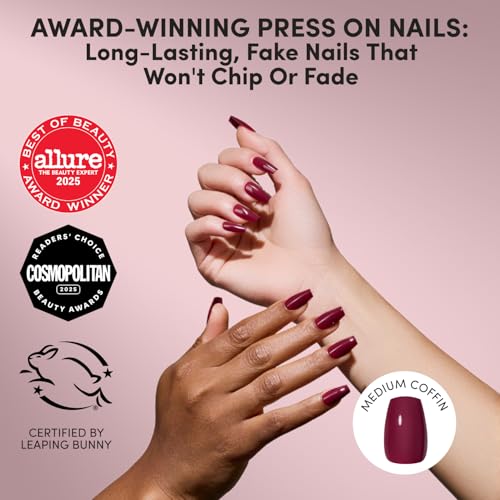 Glamnetic Medium Coffin Press On Nails - Dark Maroon Glossy 30pc