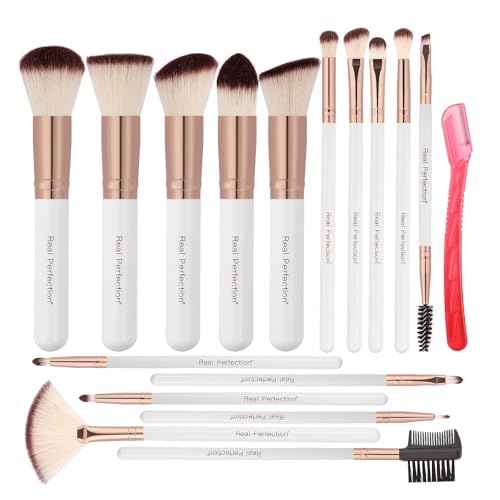 Real Perfection Makeup Brush Set 16 Pcs with 1 Eyebrow Razor Premium Synthetic Foundation Powder Concealers Eyeshadow Blush Makeup Brushes Make up Brushes Kit (White)