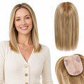 HAIRHOO 12 Inch Ombre Brown Blonde Highlights Hair Topper for Thinning Hair, Real Human Hair, 3.5x4.5 Inch Silk Base, Lightweight Daily Wear
