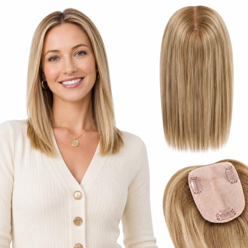 HAIRHOO 12 Inch Ombre Brown Blonde Highlights Hair Topper for Thinning Hair, Real Human Hair, 3.5x4.5 Inch Silk Base, Lightweight Daily Wear