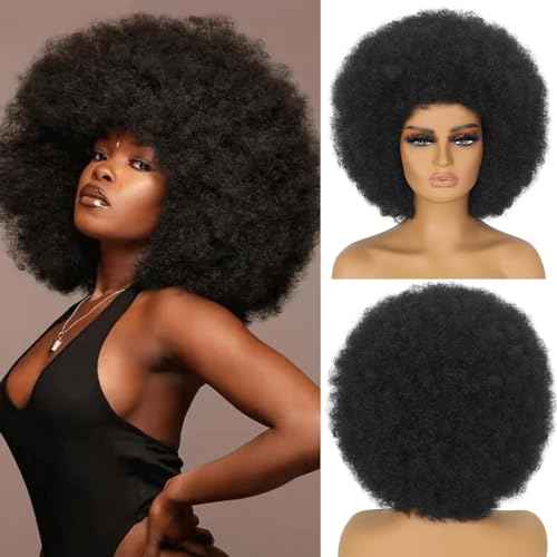 Afro Wigs for Black Women 70s Afro Curly Wigs Soft Natural Looking Fluff and Bouncy Black Afro Wigs Synthetic Hair Big Afro Wig for Daily Party Cosplay Costume(Black)