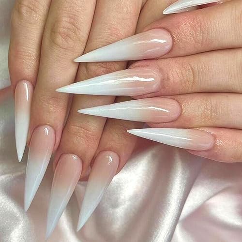 Stiletto Press on Nails Long Fake Nails with Ombre White Nail Tips Classic Elegant Designs Full Cover Acrylic Almond False Nails Set Nude Glue on Nails Stick on Nails for Women Manicure 24Pcs