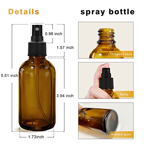 Amber Glass Spray Bottles 4oz - Set of 4 with Nozzles