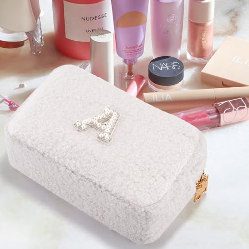 Personalized Initial Travel Makeup Bag, Makeup Bag Travel Cosmetic Bag, Sherpa Teddy Pearl Letters A