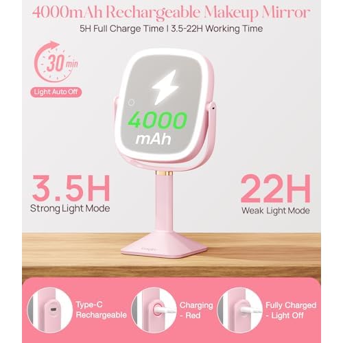 Gospire Rectangle Lighted Makeup Mirror with Lights 3 Color, Height Adjustable and 1X/10X Magnifying, 4000mAh Rechargeable Battery for Bedroom, 8.5¡±x7.4¡± Large Surface, Stepless Dimming - Pink