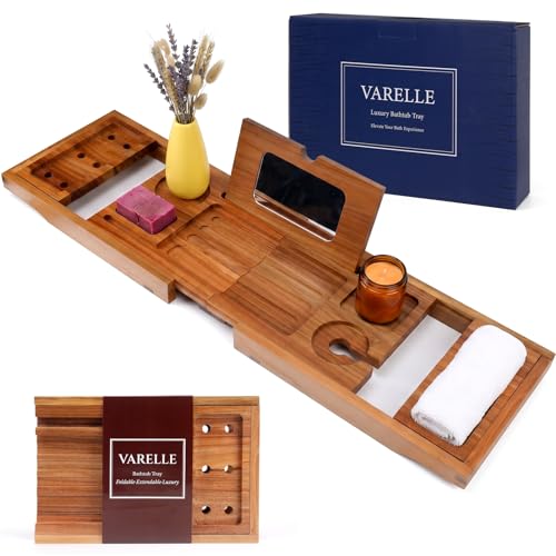 Foldable Acacia Wood Bathtub Tray, Extendable Bath Caddy 29.5"-42.5"