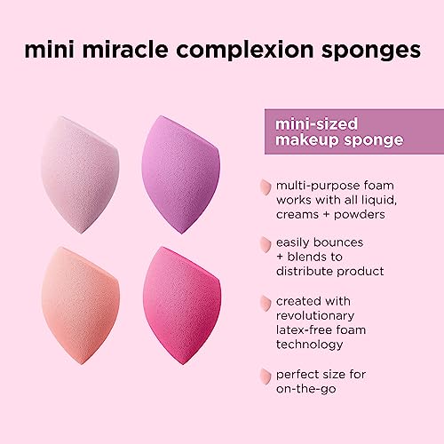 Real Techniques Mini Miracle Complexion Sponge 4 Pack, Small Makeup Blending Sponges, For Foundation & Concealer, Mini Size for Under Eyes & Touch-Ups, Travel Friendly, Natural Makeup, Latex-Free