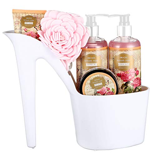 Spa Gift for Women - 5 Pcs Luxury Heel Shoe Spa Basket for Women Rose Scented Home Relaxation Set w/ Body Lotion & Butter, Shower Gel, Bubble Bath - Birthday, Self Care Gifts for Women by Draizee