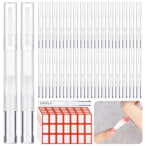 Homaisson 100 Pack 3ml Transparent Twist Pen with Stickers, Empty Cuticle Oil Pen Refillable Nail Oil Pens with Brush Tip, Empty Cosmetic Lip Gloss Tubes, Clear Eyelash Growth Liquid Containers