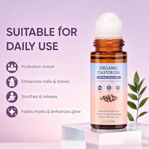 Omexry 2PC Organic Cold-Pressed Castor Oil Rose Quartz Roller for Skin Hair & Body