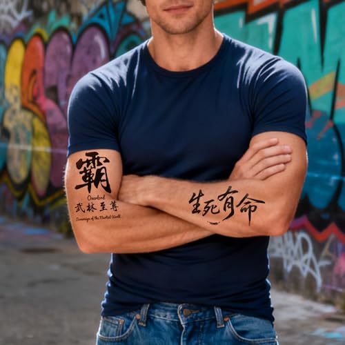 15 Sheets Chinese Characters Temporary Tattoos, 60+ Designs,Black Letter Realistic Waterproof Long-lasting Word Fake Tattoo Christmas