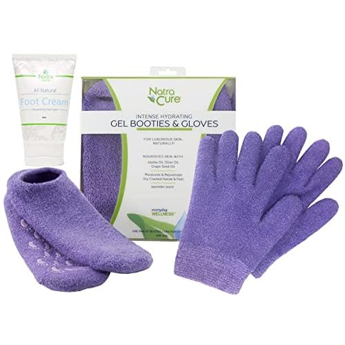 NatraCure Moisturizing Gel Gloves and Socks Gift Set (Color: Lavender) with NatraCure Foot Cream and Lotion Bundle