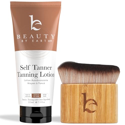 Self Tanner and Kabuki Brush - Made with Natural & Organic Ingredients, Moisturizing Self Tanning Lotion with Aloe Vera & Coconut for a Natural Glow, Streak-Free Fake Tan
