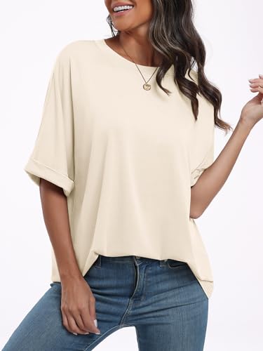 ANRABESS Women's Oversized T Shirts Short Sleeve Crewneck Summer Tops Casual Loose Basic Tee Shirts 2024 Trendy Clothes Apricot Small