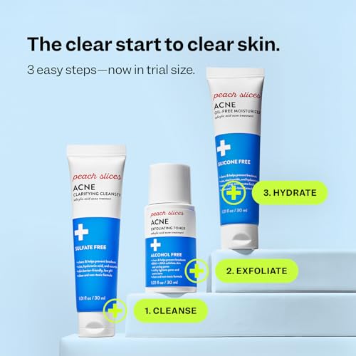 Peach Slices - 3-Step Acne Starter Kit (3 Products) - Skin Care Set - 1 Toner, 1 Cleanser, 1 Oil Free Moisturizer - 2% Salicylic Acid & Botanicals - Vegan & Cruelty Free - Korean Skin Care & Beauty