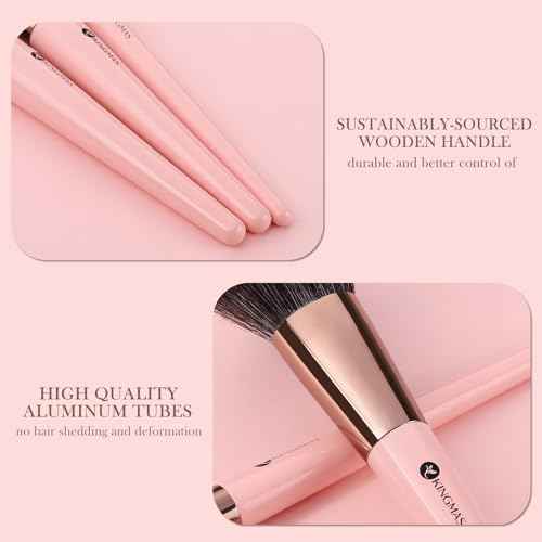 KINGMAS Foundation Makeup Brushes, 3Pcs Kabuki Contour Concealer Makeup Brush Set, Vegan & Cruelty-Free, Synthetic Cosmetic Under Eye & Blusher Face Brush (Pink)