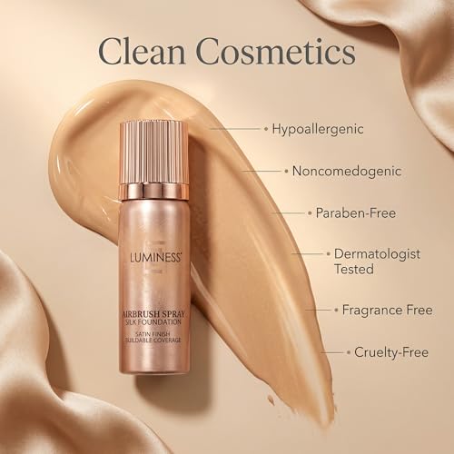 LUMINESS Silk Airbrush Spray Foundation 2-PC Kit - Foundation & Dual-Sided Angled Makeup Brush - Buildable Coverage, Anti-Aging Formula, Humidity Resistant, Hydrates & Moisturizes, Light Medium