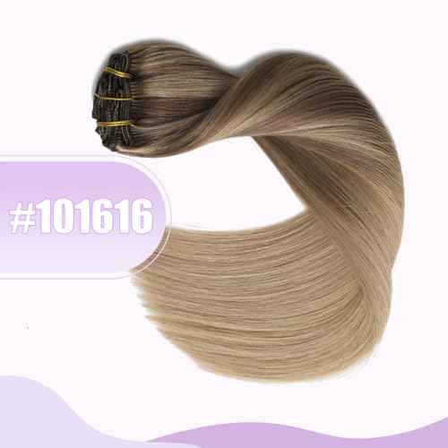 Sindra Human Hair Clip in Extensions Balayage Golden Brown to Light Blonde Hair Extensions Clip In Highlights Blonde 14 Inch 100g 6pcs Thick Double Weft C14#10/16/16