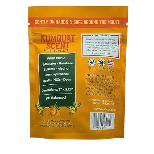 Individually Wrapped Hand Wipes, Alcohol-Free Wet Wipes For Sensitive Skin, Plant-Derived Hand & Face Cleansing, Kumquat Scented, Lunchbox & Travel Packets, 50 Pack - (Made In USA)