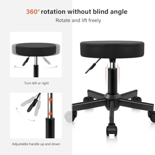 Height Adjustable Rolling Stool with Wheels, PU Leather