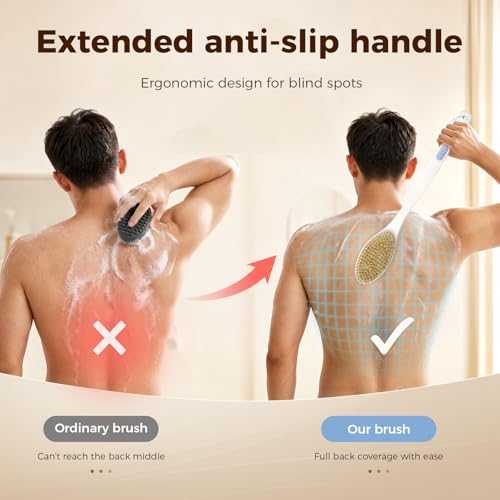 Back Scrubber for Shower with Long Handle & Double-Sided Bristles