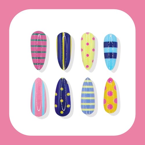 Rokhevn Style-26 Medium 24Pcs Press-On Almond Nails Polka Dots & Stripes Reusable Fake Nails