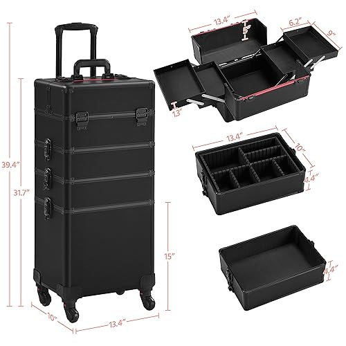 Yaheetech 4-in-1 Rolling Makeup Train Case with Lockable Drawers