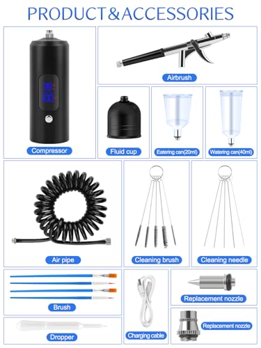 Kalolary Airbrush Kit with Compressor – 0.3mm Nozzle, Rechargeable