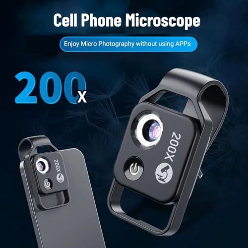 Pocket Phone Microscopes, 200X Zoom Clip On Microscopes Magnifier with CPL Lens & LED Light, Portable Microscopic Lens for iPhone for Samsung for Huawei for Google, to Enjoy Microworld(Black)