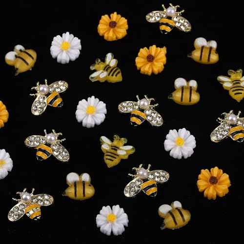 Tiny Bee Nail Art Charms Resin Cartoon Daisy Flower Nail Gems 3D Gold Alloy Bees Jewelry Charms for Nails, Spring Summer Daisy Sunflower Nail Rhinestones for Women DIY Nail Decoration 60Pcs