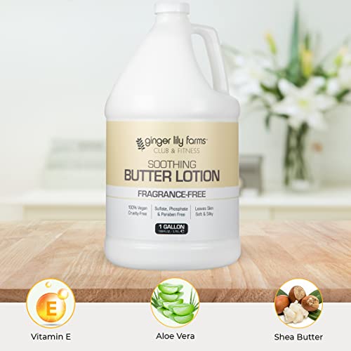 Ginger Lily Farms Club & Fitness Soothing Butter Lotion for Dry Skin, 100% Vegan & Cruelty-Free, Fragrance Free, 1 Gallon (128 fl oz) Refill