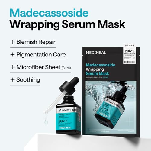 Mediheal Wrapping Serum Mask [Madecassoside] Blemish Repair ? Intensive Calming & Repair Care with 98% Pure Madecassoside & CICA Complex ? Helps Calm Skin's Blemish Spots (10 Sheets)