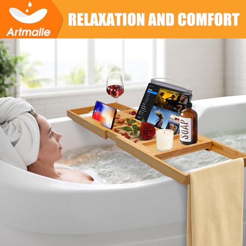 Expandable Bamboo Bathtub Caddy Tray with Wine Glass Holder