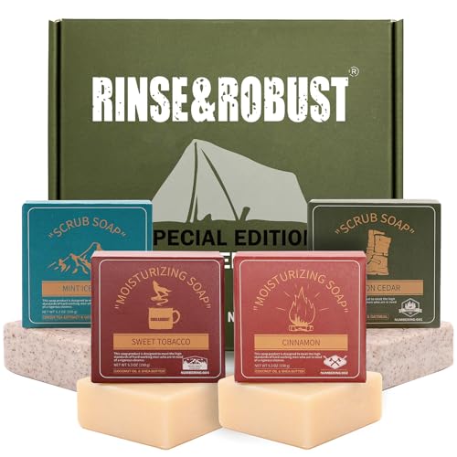 Rinse & Robust Mens Bar Soap 4Pcs Natural Soap Bar Set Cleansing Bar Moisturizing&Exfoliating Scrub Soap Gift Set Travelling for Men FACE BODY HAND BEARD WASH 4 In 1 All Skin Type |5.3 oz of 4 Bars