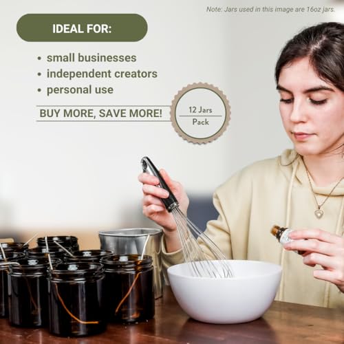 Glass Amber 2oz Jar - 12 Packs, Empty Round Jars For Beauty Products, Lotion, and Powders - Black Lid - Small Candle Jars