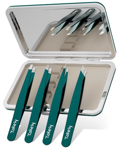 Takesy Slant Tweezers with Mirror Case & Stainless Steel
