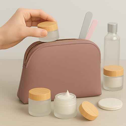 16Pcs 1oz & 1.7oz Glass Cosmetic Containers with Wood Grain Lids ? Refillable Frosted Glass Jars, Leakproof Cream Containers for Travel, Body Scrub, Lotion, Lip Scrub, DIY Skincare£¨50ml/30ml£©