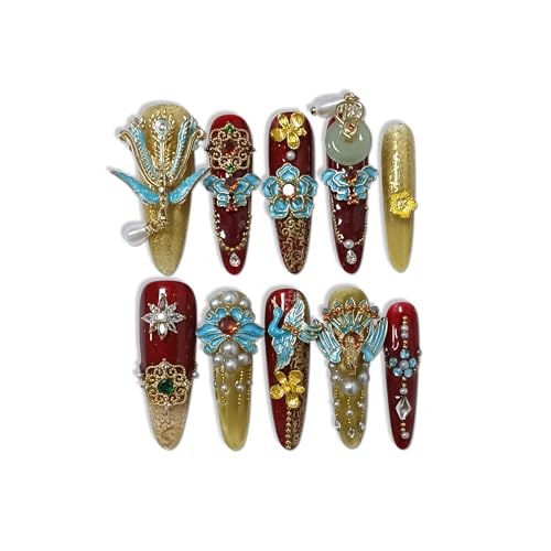 10Pcs Heirloom Chinese Bridal Press On Nails With Tools,Red Gold Phoenix Dragon Designs Fake Nails Long Stiletto,Full Crystals Heavy Relief Luxury Wedding Set Glue on Nails for Cheongsam(S)