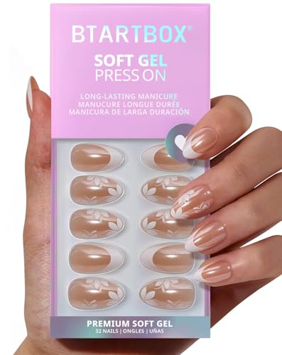 BTArtbox Press On Nails Short Almond White French 32Ct