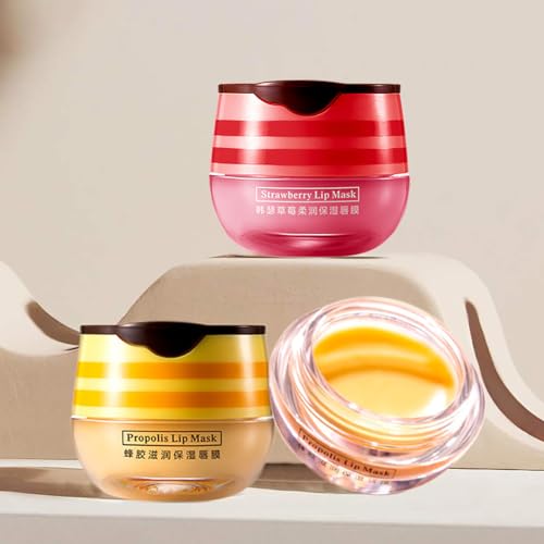 Lip Balm, Vitamin E Moisturizing Propolis Sleeping Mask, Effective Reduces Lines, Prevention of Dry and Cracked Lips Nourishing Dry Lip Care (2 Packs Strawberry & 2 Packs Honey, 1.9Oz)