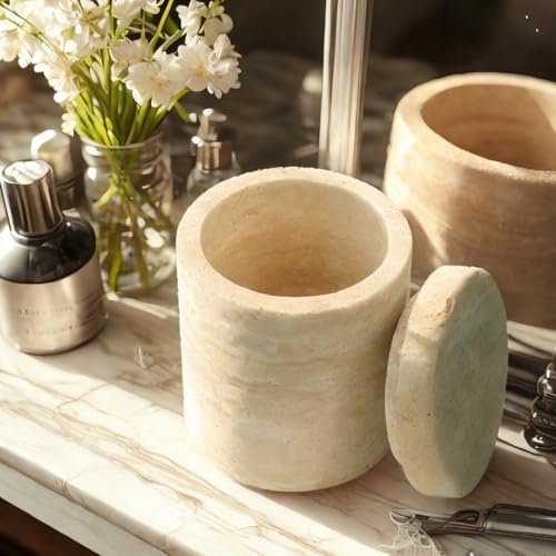 Natural Marble Cotton Swab Holder with Lid, Bathroom Organizer