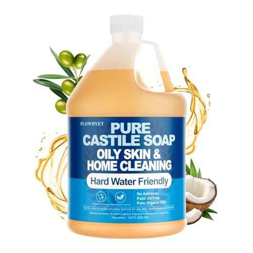 Pure Castile Soap Liquid Unscented 1 Gallon(128 fl oz) Refill, Organic Body Wash Bath Soap Vegan Castile,Hard Water Oily Skin Friendly for Body, Face, Hand, Multi-Purpose Home Cleaner
