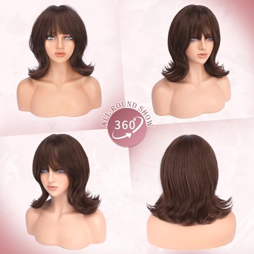 Haloo Reddish Brown Short Wavy Bob Wig with Bangs - 14 Inch Synthetic Hair for Women