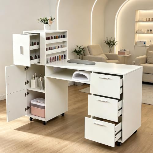 Pekdi White Nail Desk for Nail Tech with Power Outlets & Storage - Professional Manicure Table