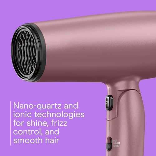 Conair Hair Dryer with Diffuser and Folding Handle, 1875W Travel Blow Dryer with Concentrator, Radiance Boost with Nano-Quartz Ceramic for Less Frizz, More Shine, and Silky Hair, Dusty Rose