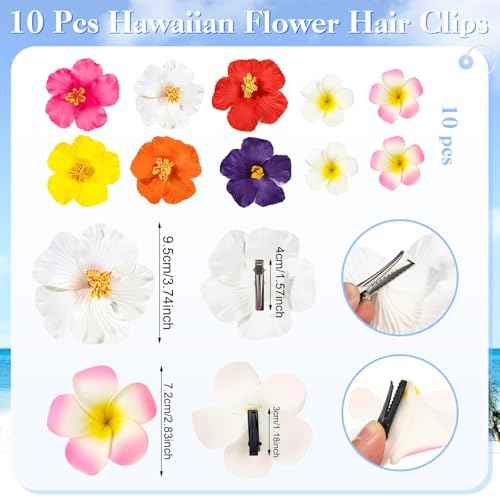 10 Pcs Hawaiian Flower Hair Clips for Women, 3.75¡± and 2.75¡± Plumeria Hair Clips Artificial Flower Hair Accessories for Vacation Beach Seaside