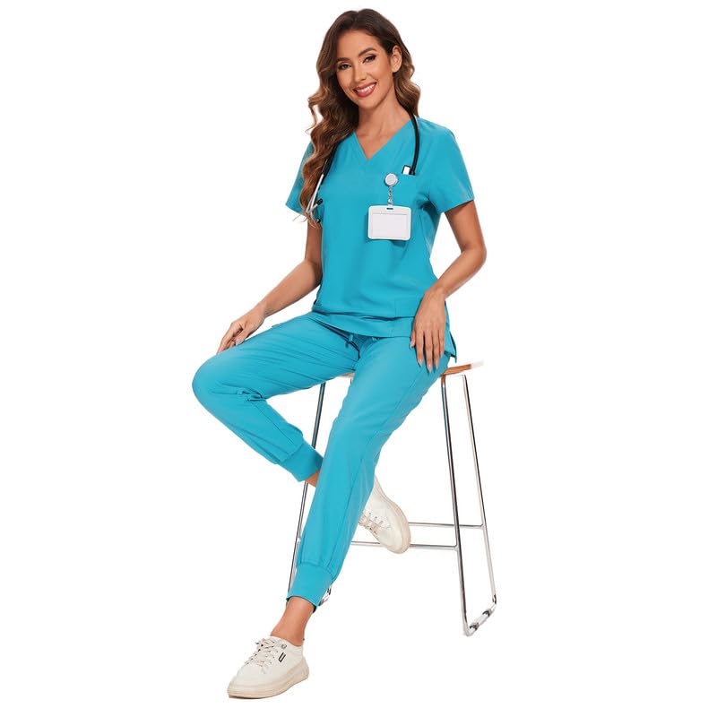 COZYFIT Scrubs for Women Set - Stretch V-Neck Scrub Top & Jogger Pant with 8 Pockets, Yoga Waistband, Anti Wrinkle, Slim Fit Women Scrubs - Teal, XS