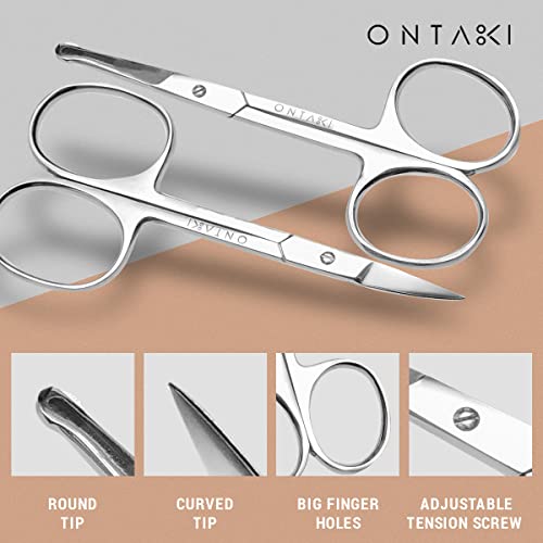Ontaki Curved & Rounded Facial Hair Scissors - Silver, Ambidextrous - Precision Curved Mustache Trimming Scissors - Versatile Beard Nose Trimmer - Professional Alloy Steel Mustache Grooming